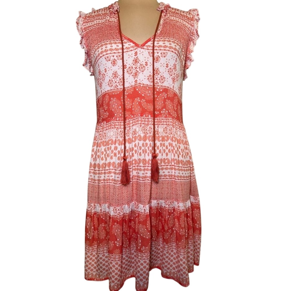 Dear John Orange & White Boho Babydoll Tassel Dress Size XS